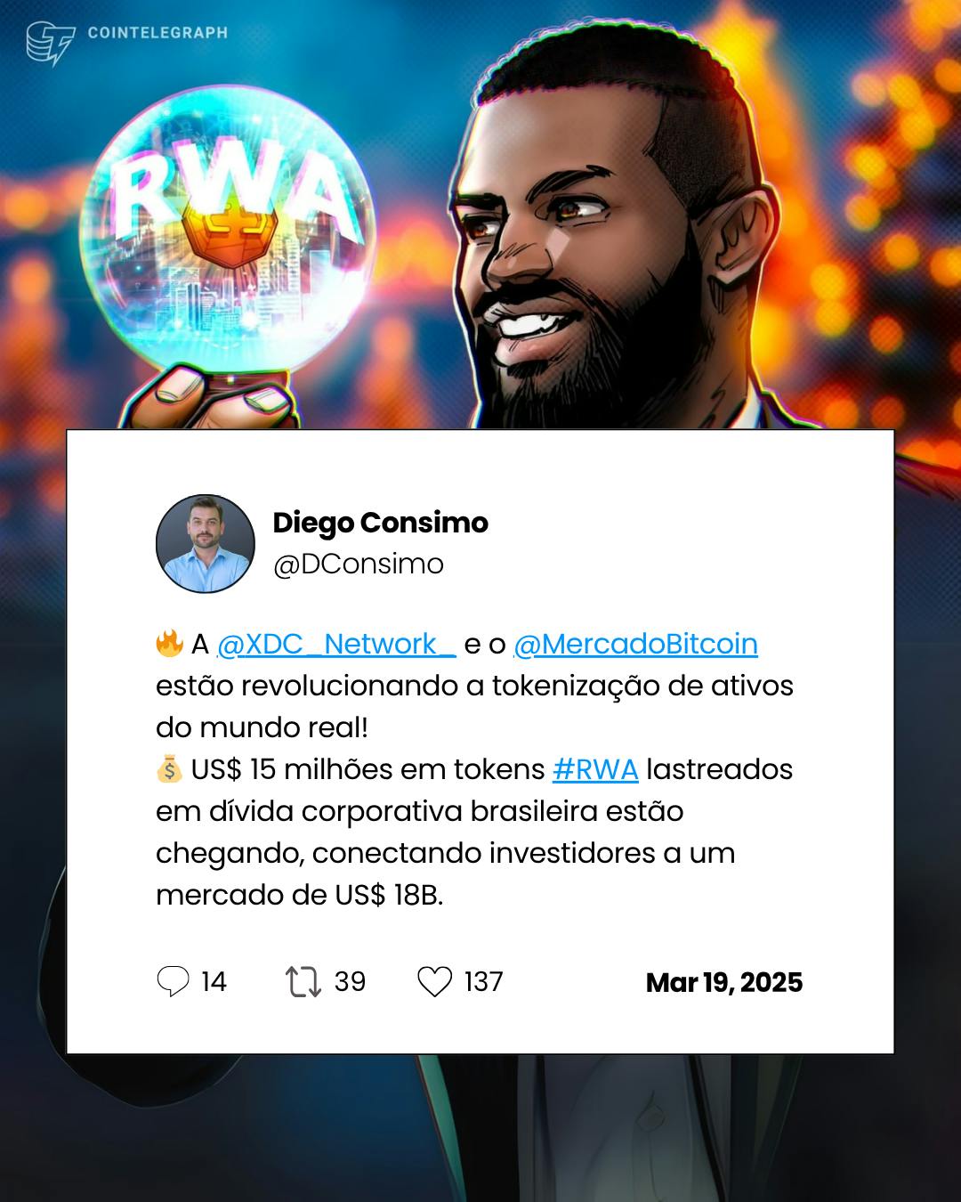 XDC community leader in LatAm, Diego Consimo, posts the Mercado Bitcoin news.