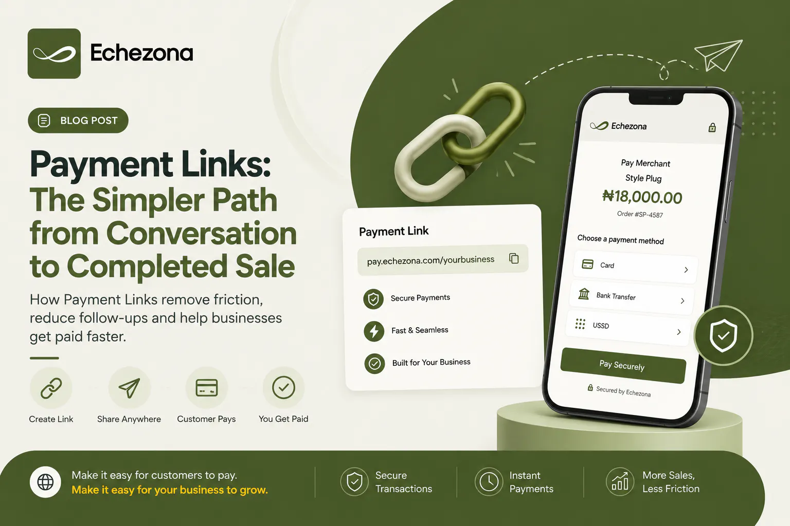 Echezona Payment Link showing a simple path from conversation to completed sale