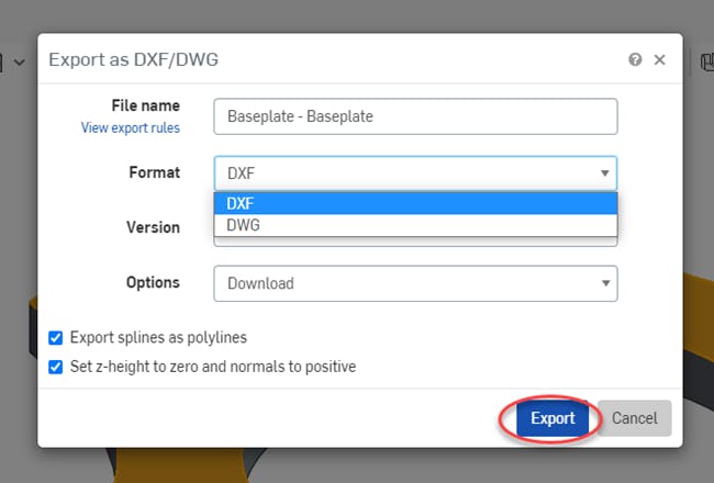 Screenshot of DXF export dialog window