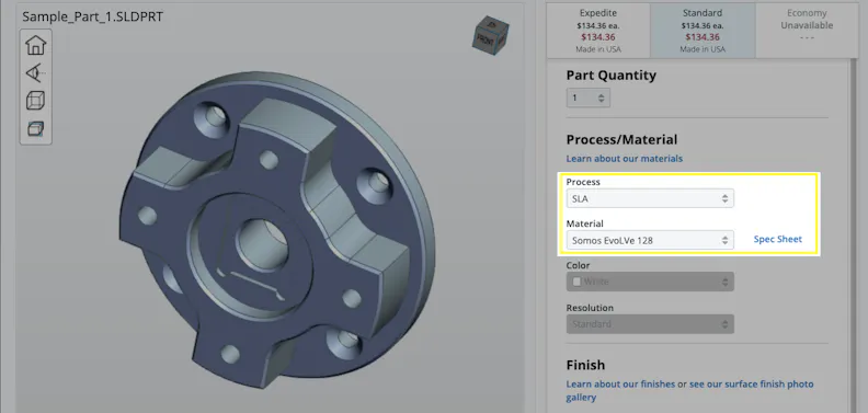 A preview of Somos EvoLVE 128 in the Xometry Instant Quoting Engine℠