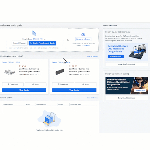 Accessing "Request a Quote" from dashboard and uploading files