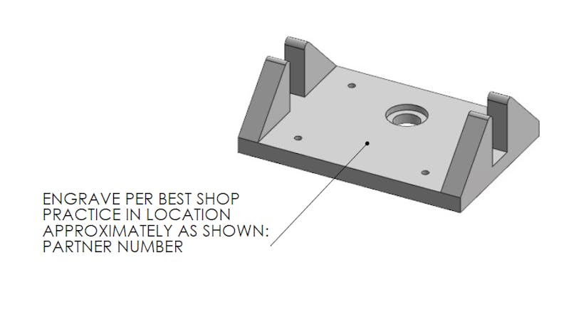 Image of a part and directions on where to place markings, with a line from the text to a dot where the marking should go