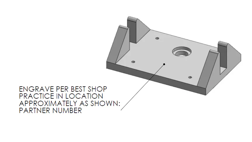 Image of a part and directions on where to place markings, with a line from the text to a dot where the marking should go