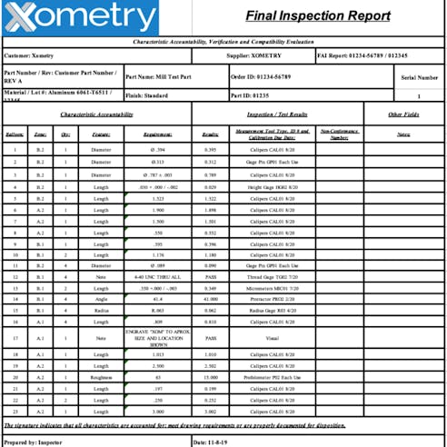 Xometry Final inspection report