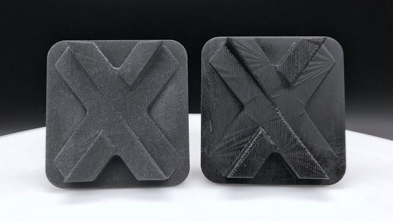 On left, Somos WaterShed Black with the Standard matte finish. On right, Somos WaterShed Black in the Natural finish.