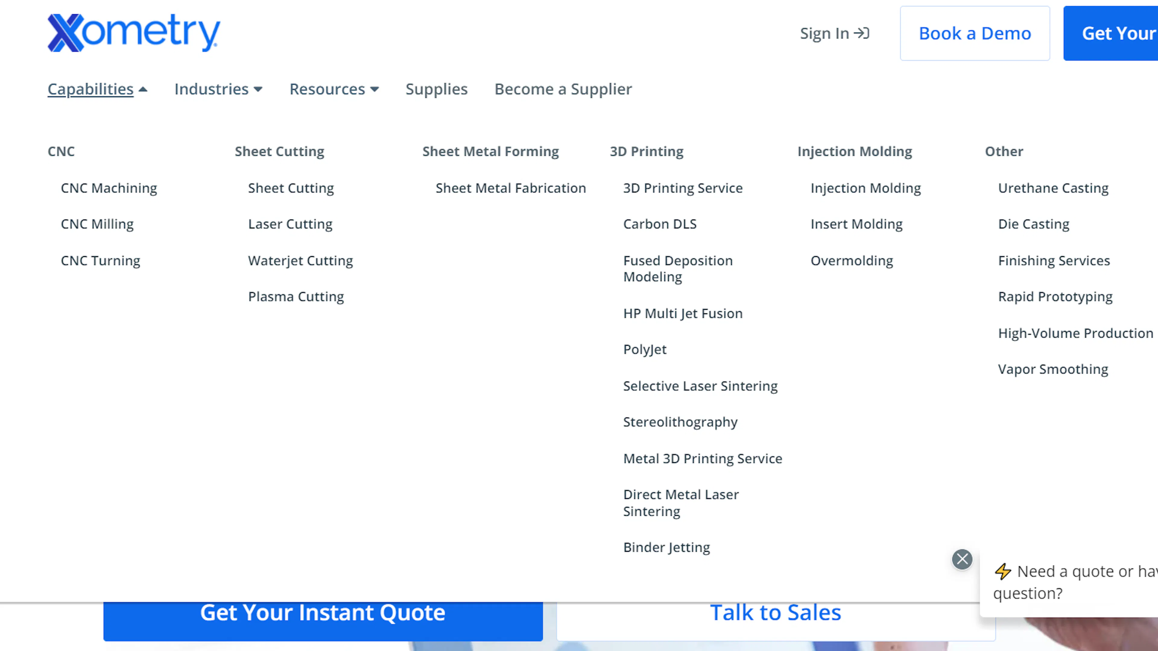 A picture of Xometry's updated capabilities page