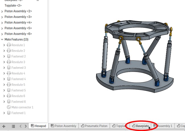 Screenshot highlighting location of "Baseplate" tab in Onshape interface