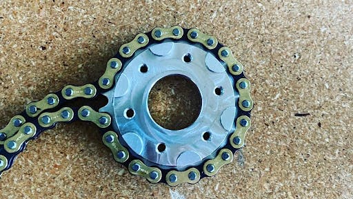 A picture of one of Riptide’s custom aluminum sprockets.