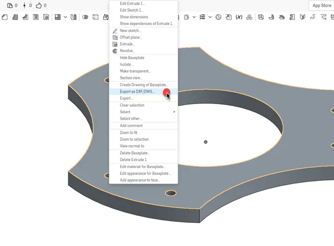Screenshot showing Export as DXF option from pop-up menu