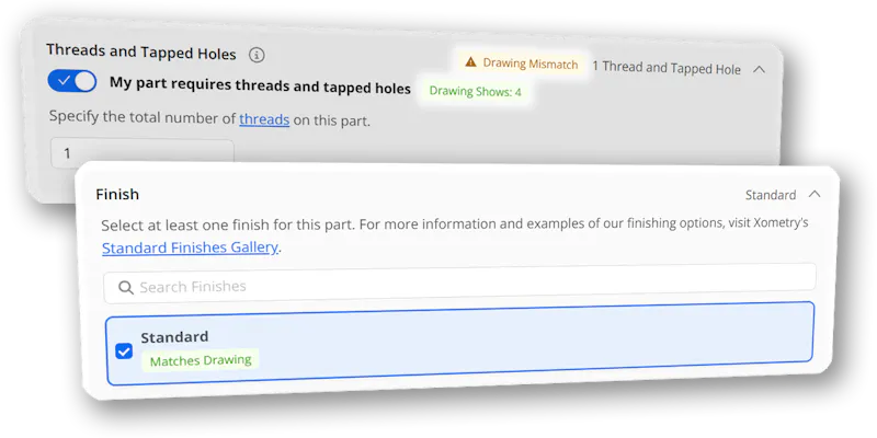 Screenshot of Xometry Drawing AI capturing drawing discrepancies and matches.