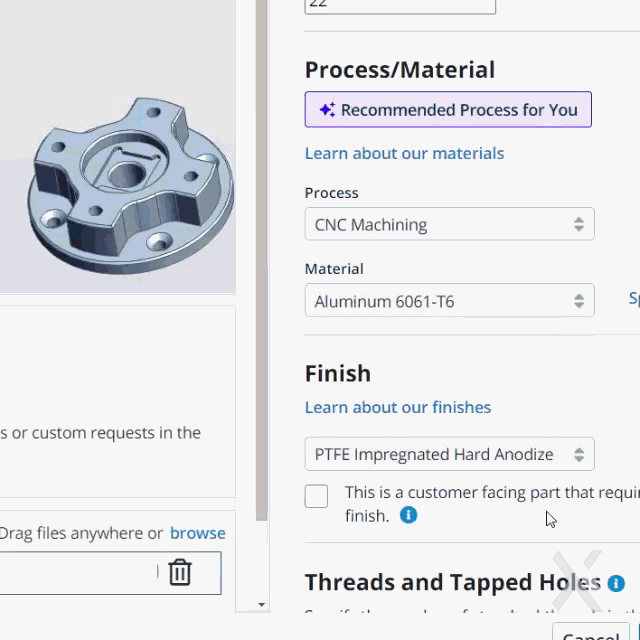 CNC materials in the quoting engine