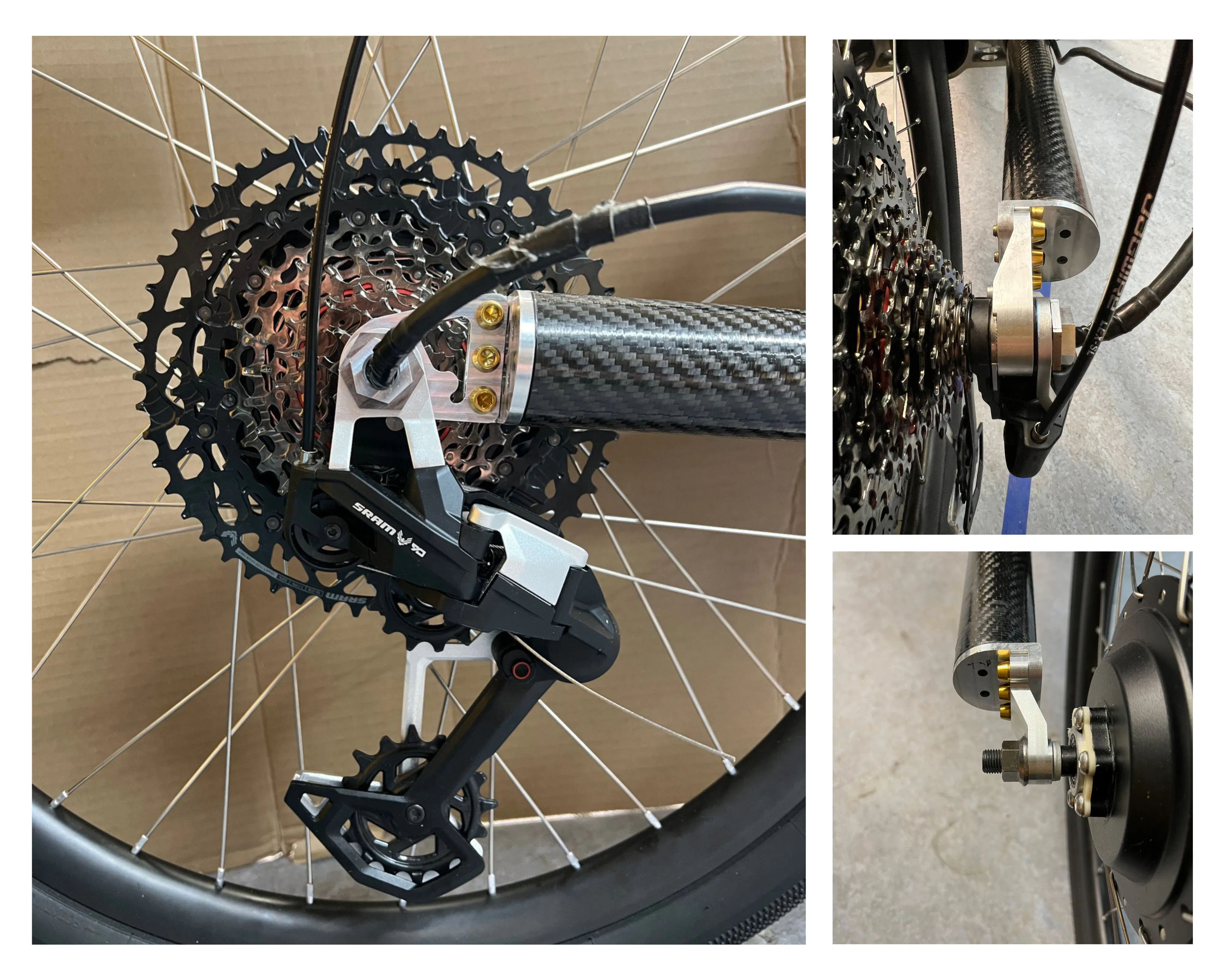 Custom aluminum rear dropout mounts ordered from Xometry connected the wheel mounting hardware to the carbon tubing of the e-trike's frame.