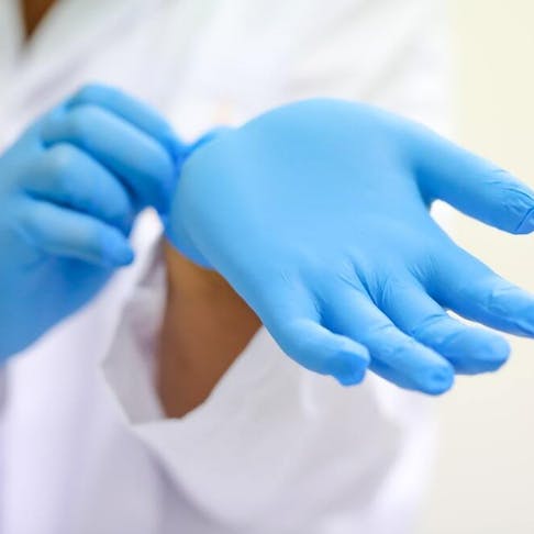 Scientist wearing blue latex gloves. Image Credit: Shutterstock.com/Nuroon Jampaklai