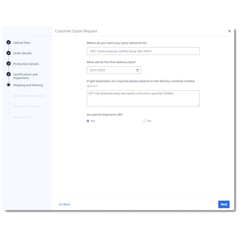 Shipping and delivery screen of customer quote request.