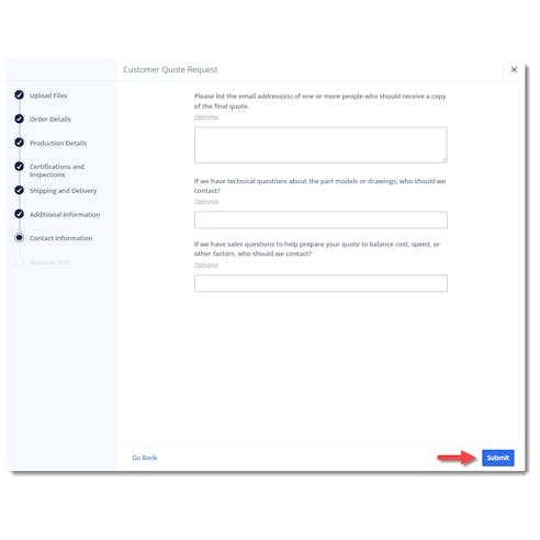 Contact information and submit page for customer quote request