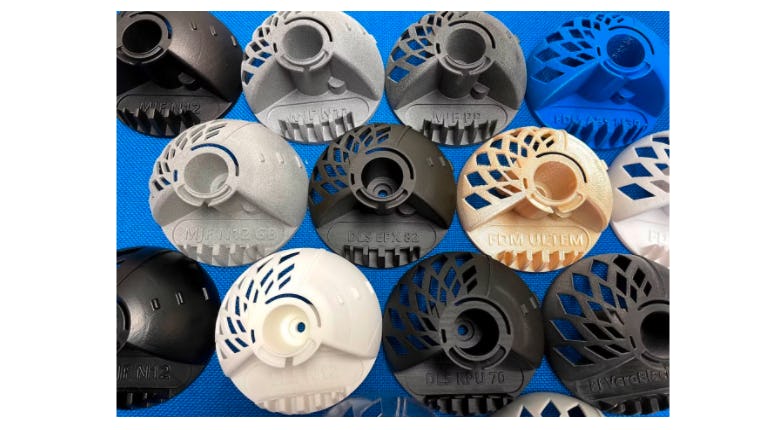 Parts made in different 3D printing materials and processes