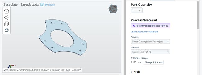 Screenshot of uploaded DXF file in the Xometry Instant Quoting Engine