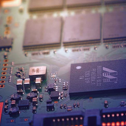 A close up view of a circuit board.