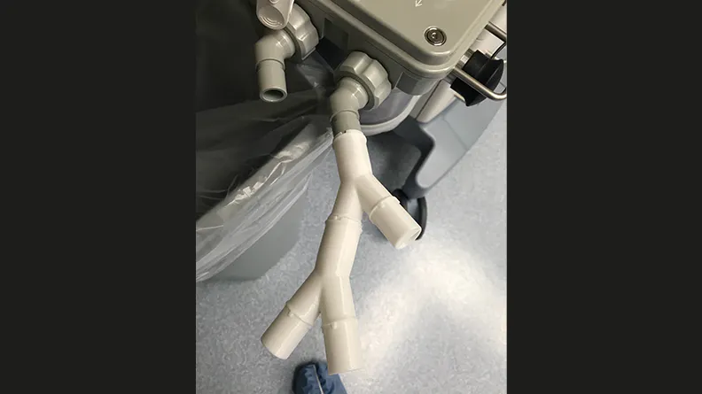 ventilator valve splitter prototype attached to a ventilator for testing