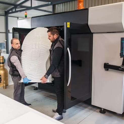 Technicians carrying large scale 3D printed shoe. Image Credit: Shutterstock.com/guruXOX