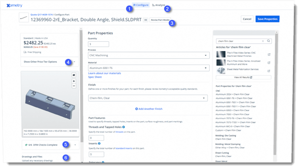 Screenshot of Xometry Instant Quoting Engine part configuration page