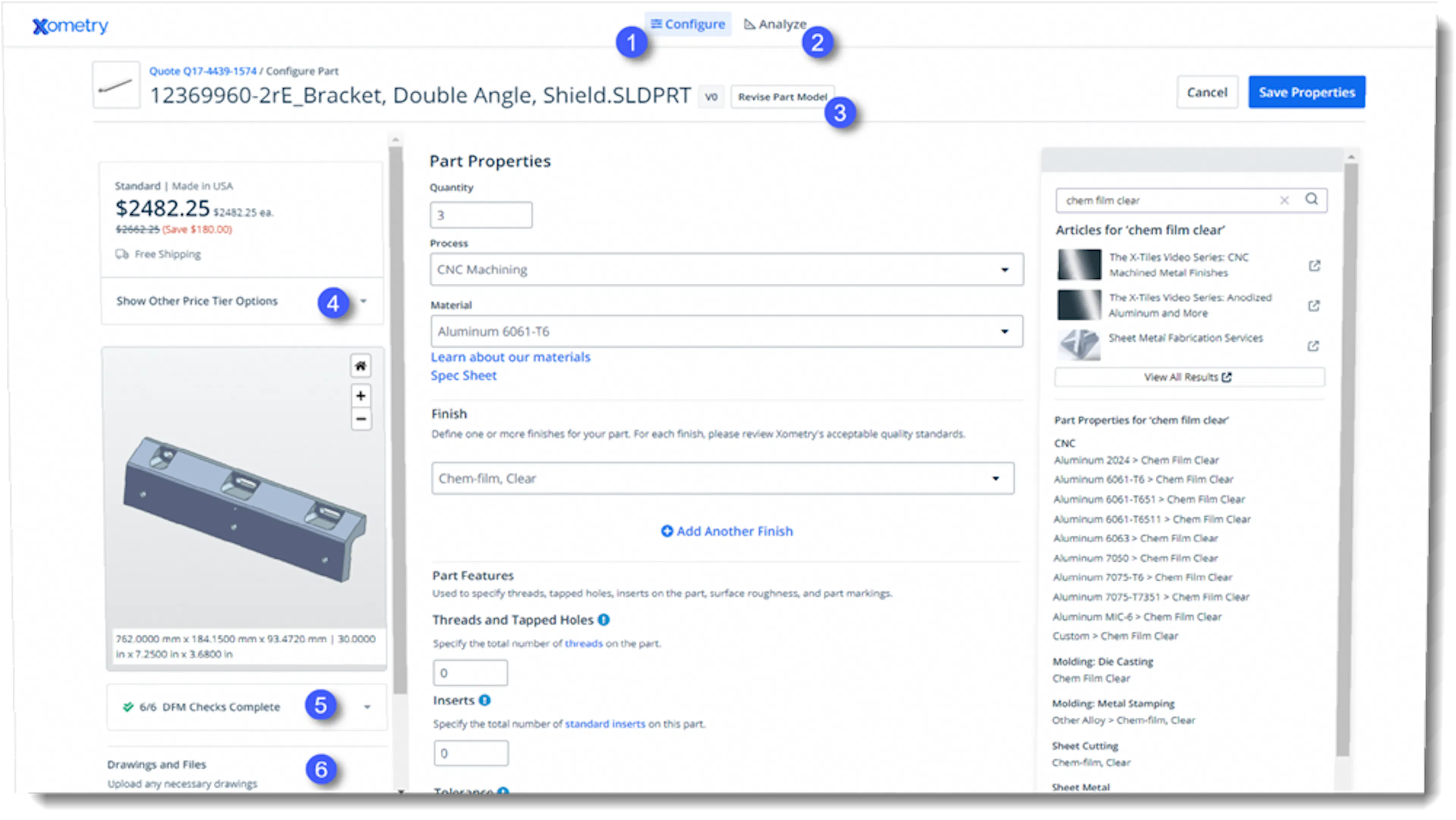 Screenshot of Xometry Instant Quoting Engine part configuration page