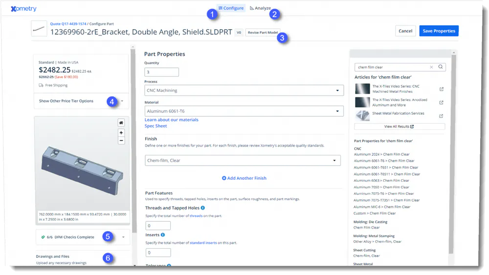 Screenshot of Xometry Instant Quoting Engine part configuration page
