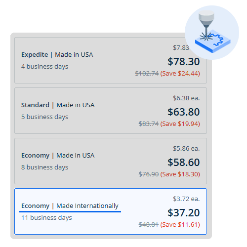 A highlighted view of the international economy option for a sheet cutting order.