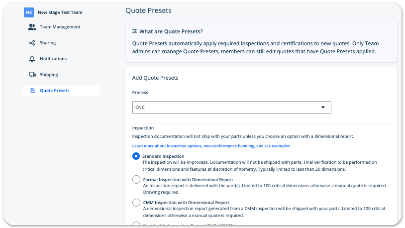 Preview of quote presets within a Teamspace team settings page.