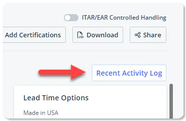 Screenshot of Recent Acitivty Log button in Xometry Instant Quoting Engine