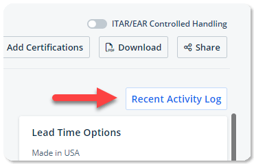 Screenshot of Recent Acitivty Log button in Xometry Instant Quoting Engine