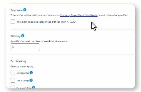 Animated GIF demonstrating new sheet metal tolerance configuration menu