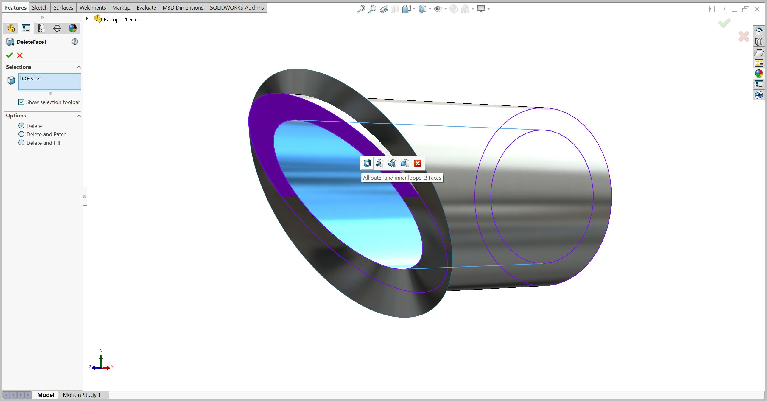 Delete face tool in SolidWorks on a mitered round tube.