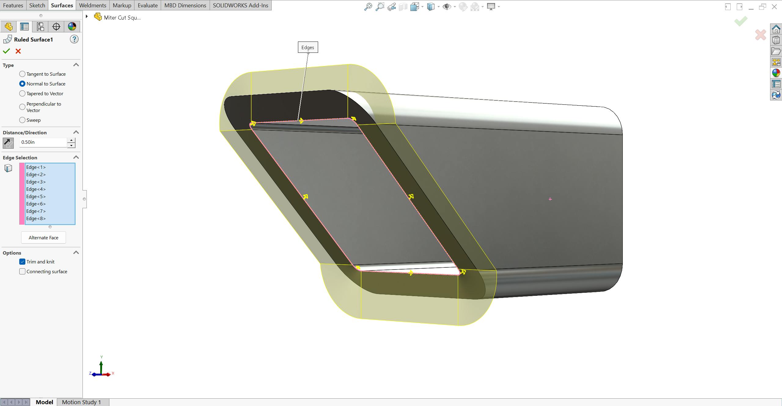 Ruled surface tool in SolidWorks on a rectangular/square tube