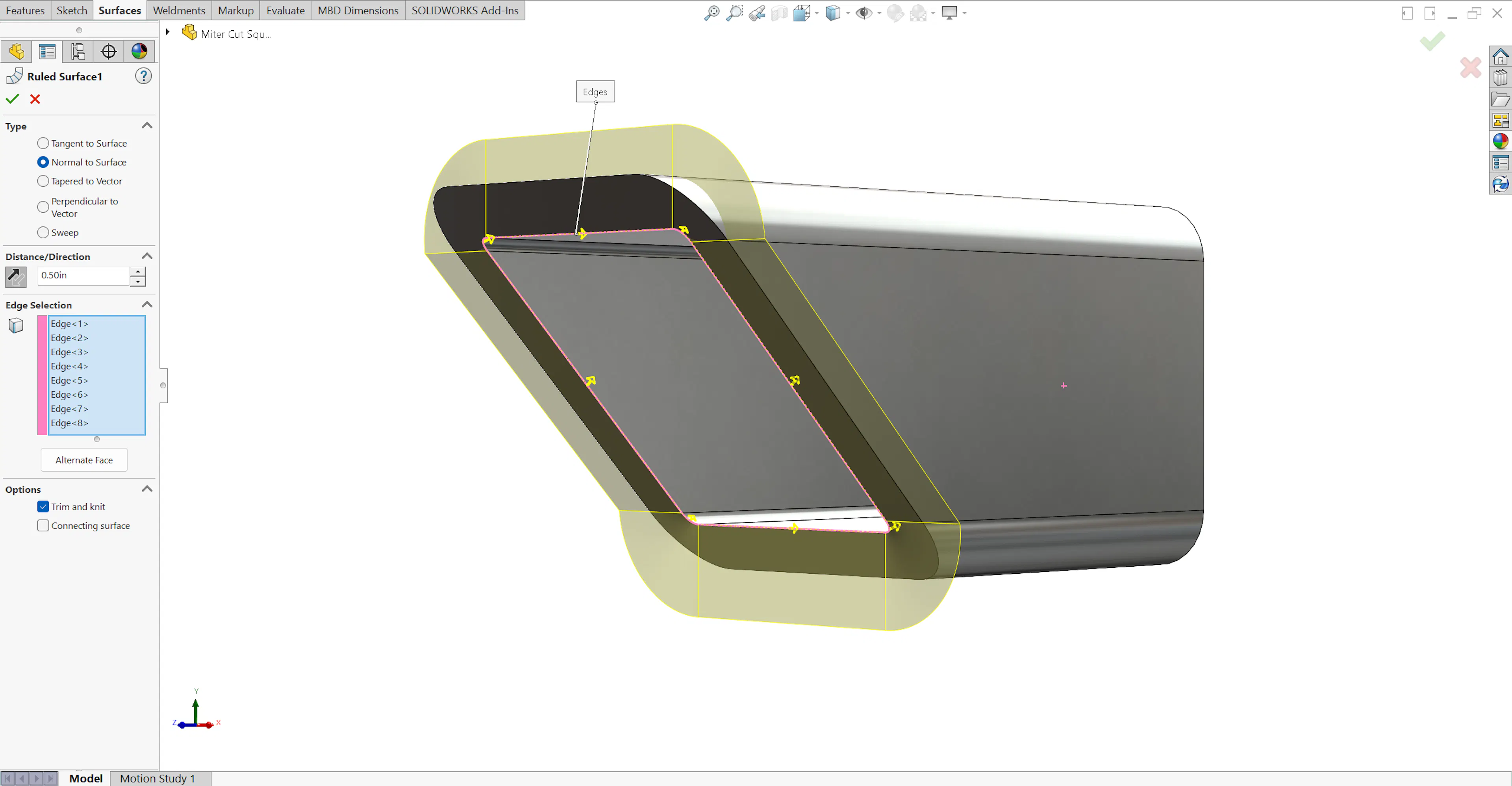 Ruled surface tool in SolidWorks on a rectangular/square tube