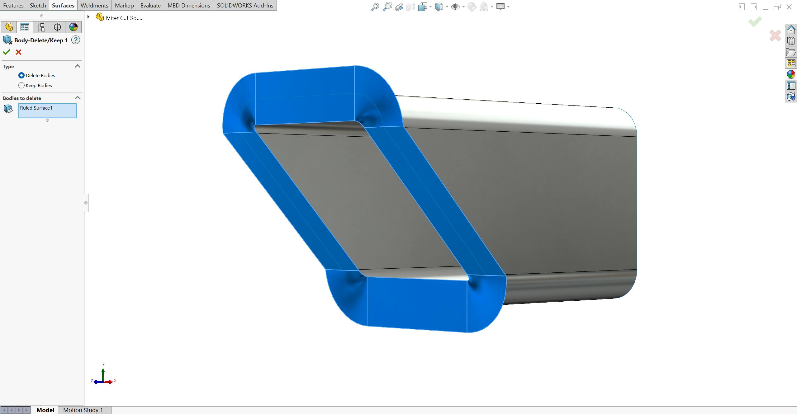 Delete keep bodies tool in SolidWorks on a rectangle/square tube