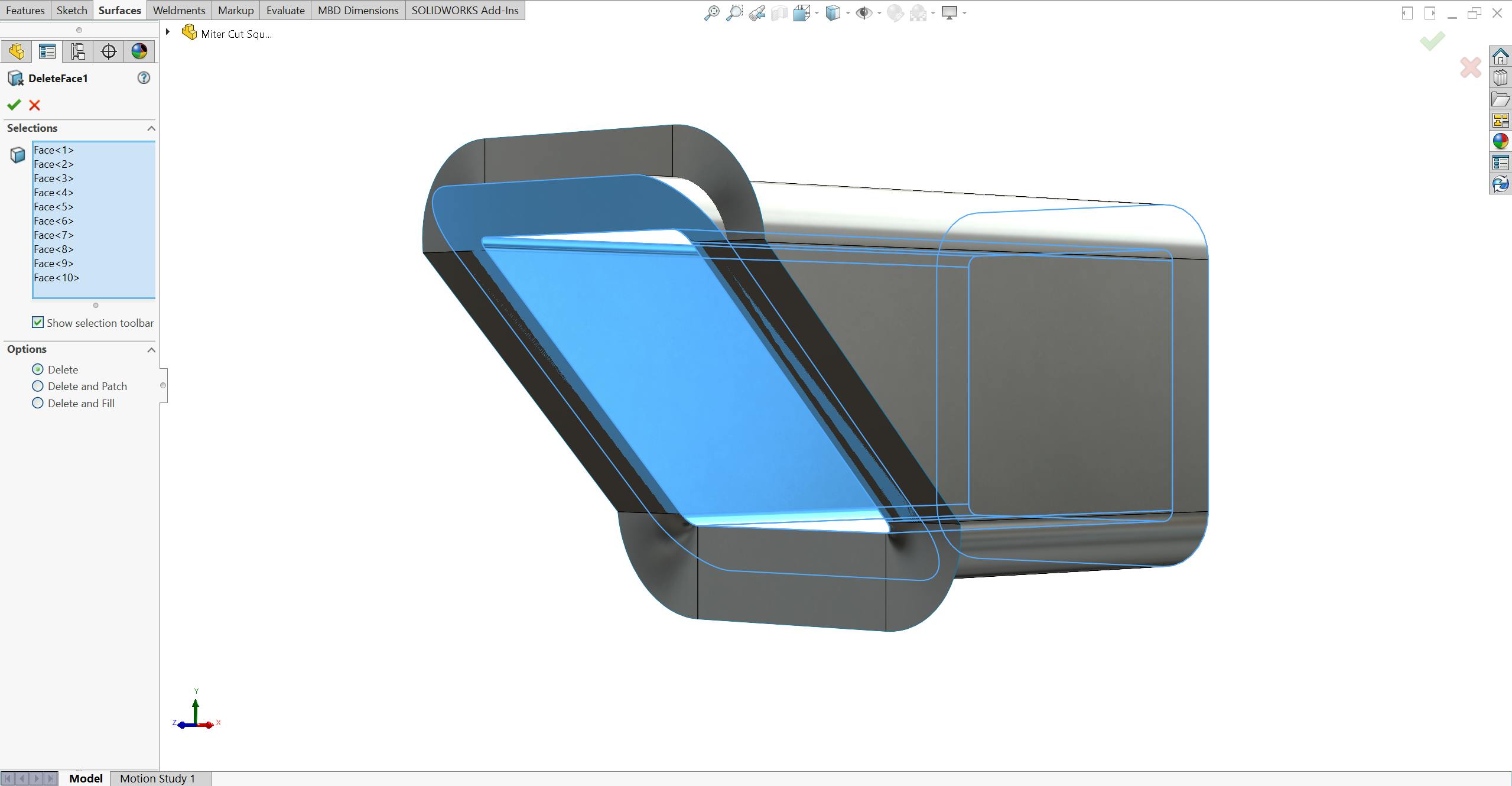 Delete face command in SolidWorks on a rectangle/square tube