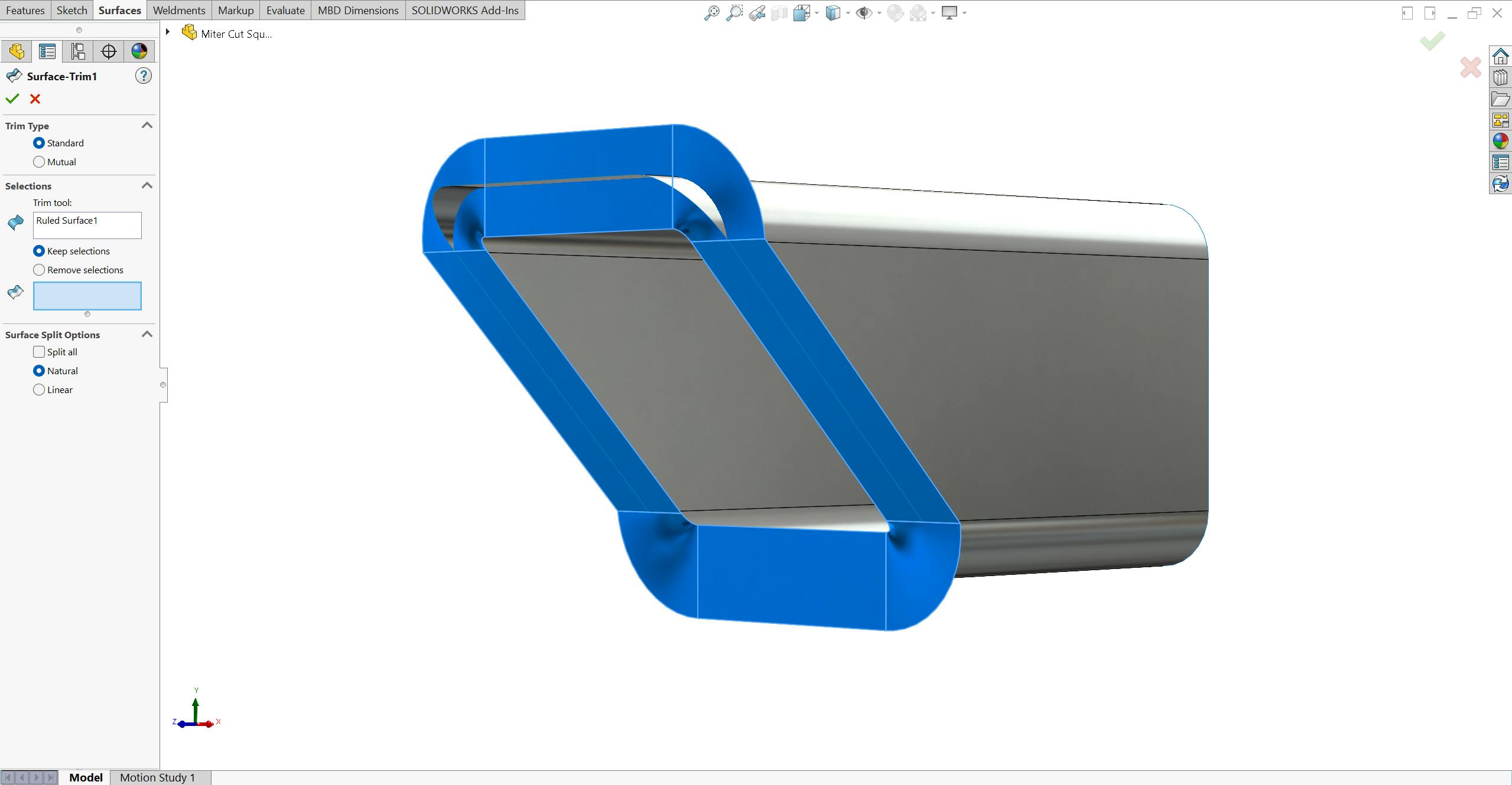 Trim tool selection in SolidWorks on a rectangle/square tube.