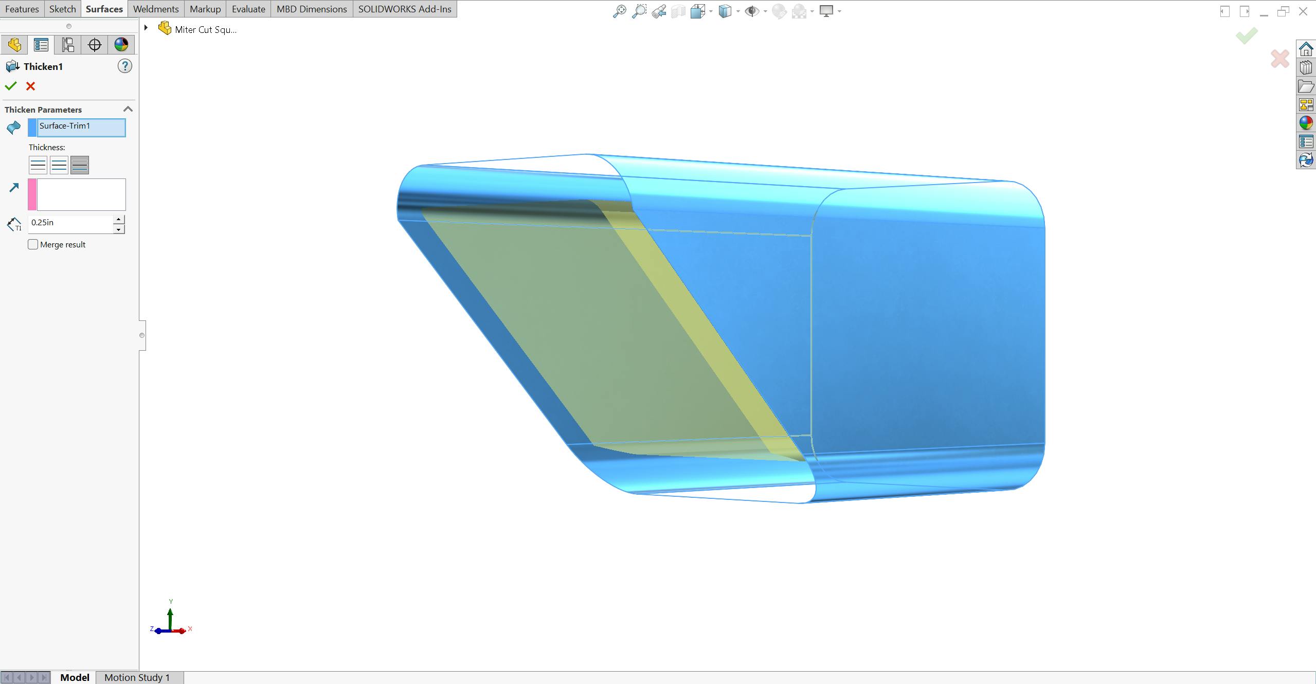 Thicken tool in SolidWorks on a rectangle/square tube