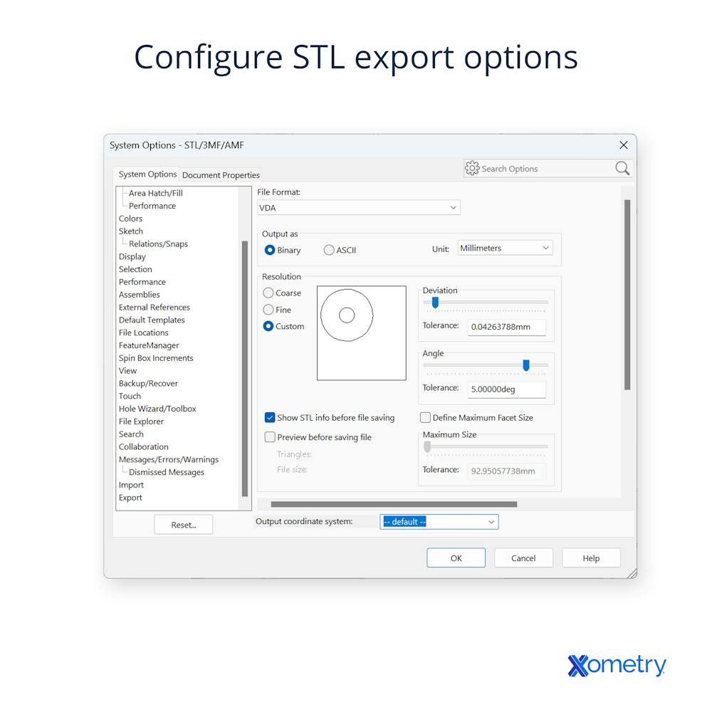 STL export options within SOLIDWORKS.