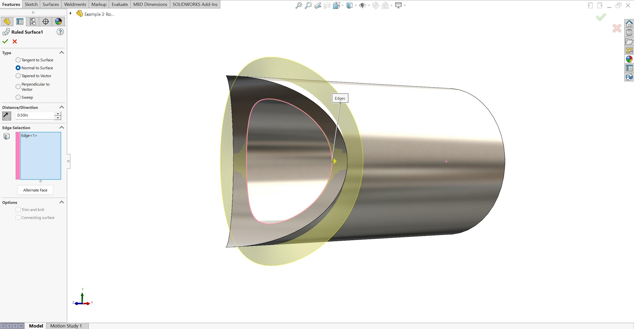 Ruled surface command in SolidWorks on a round tube