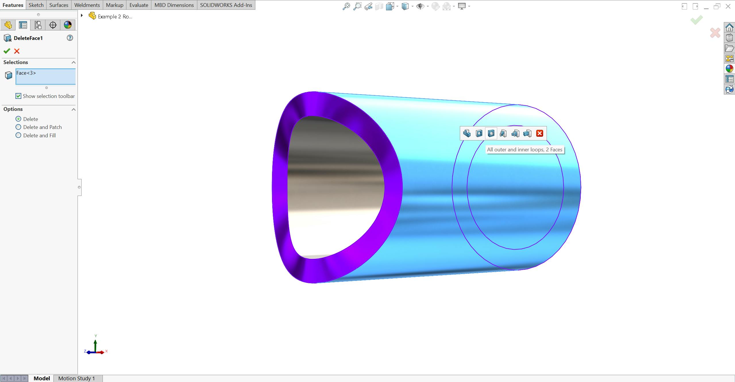 Delete face tool shortcut in SolidWorks on round tube.