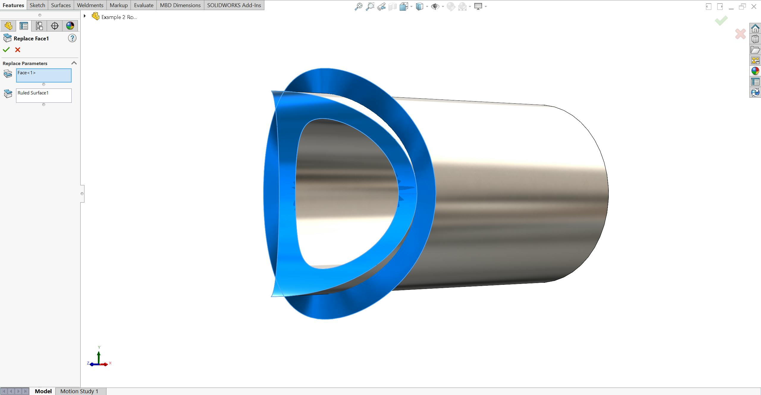 Replace face tool in SolidWorks on a round tube