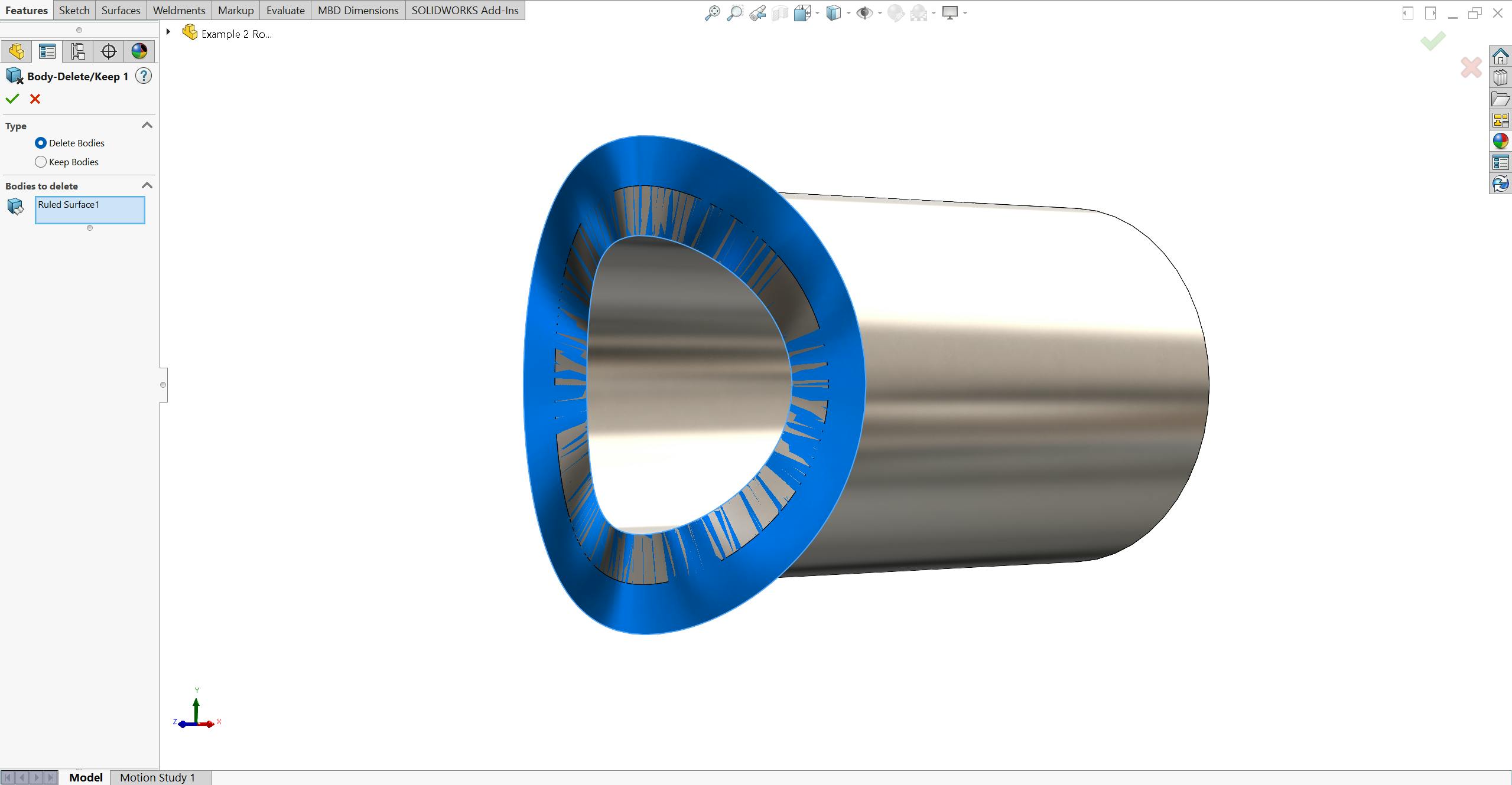 Delete keep body tool in SolidWorks on a round tube.