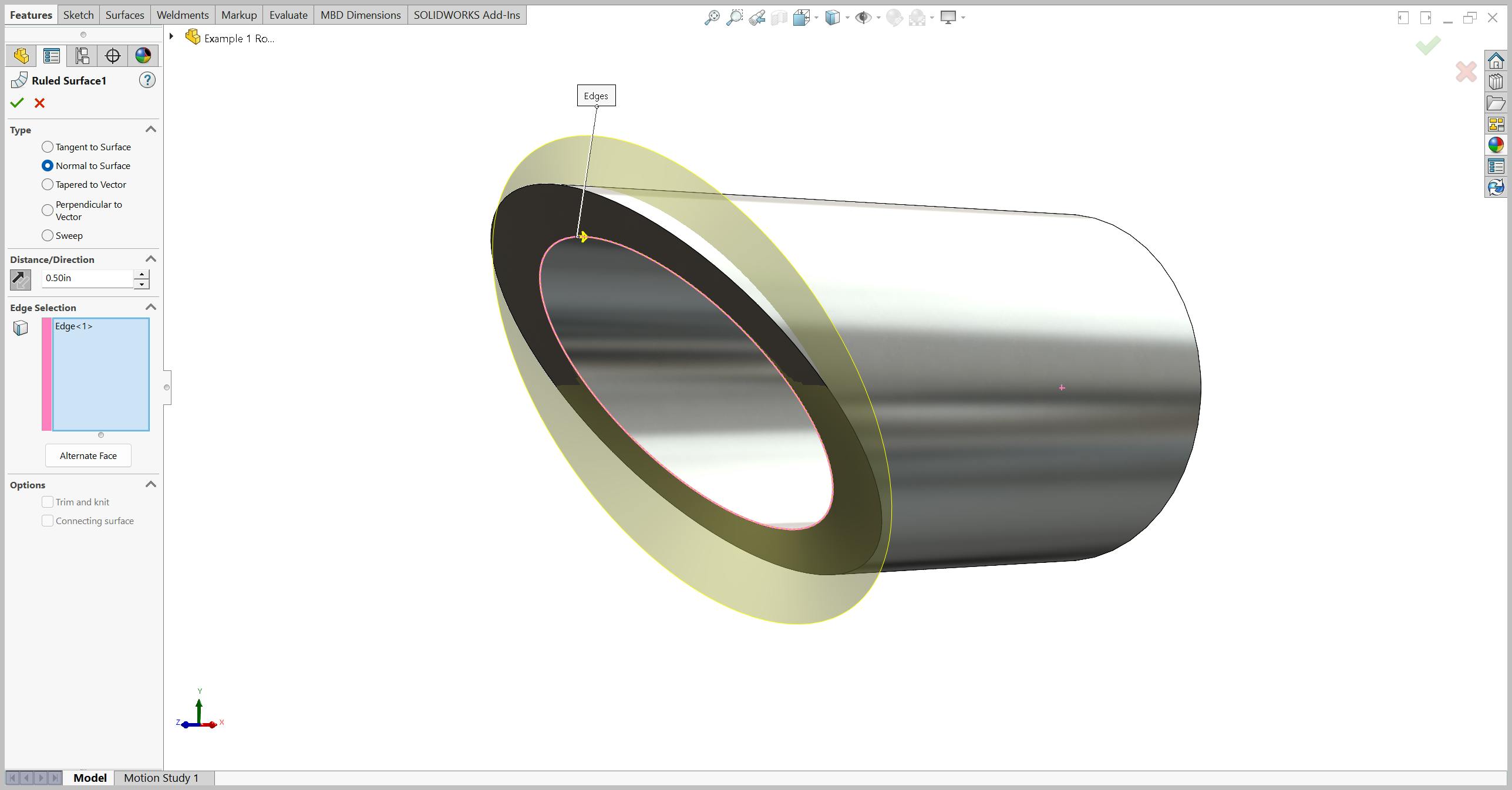 Ruled surface tool in SolidWorks on a mitered round tube