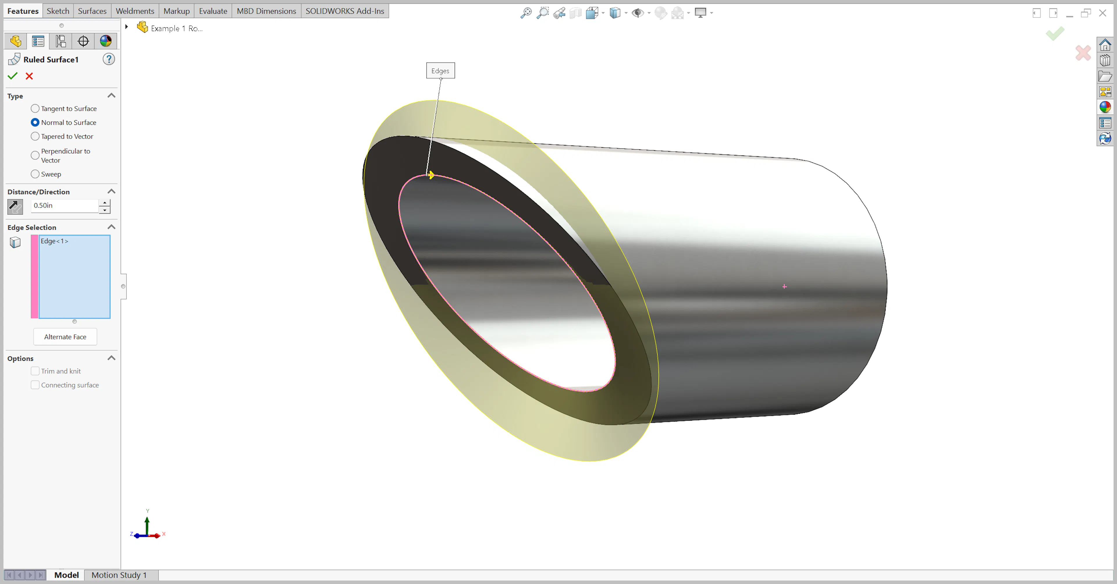 Ruled surface tool in SolidWorks on a mitered round tube