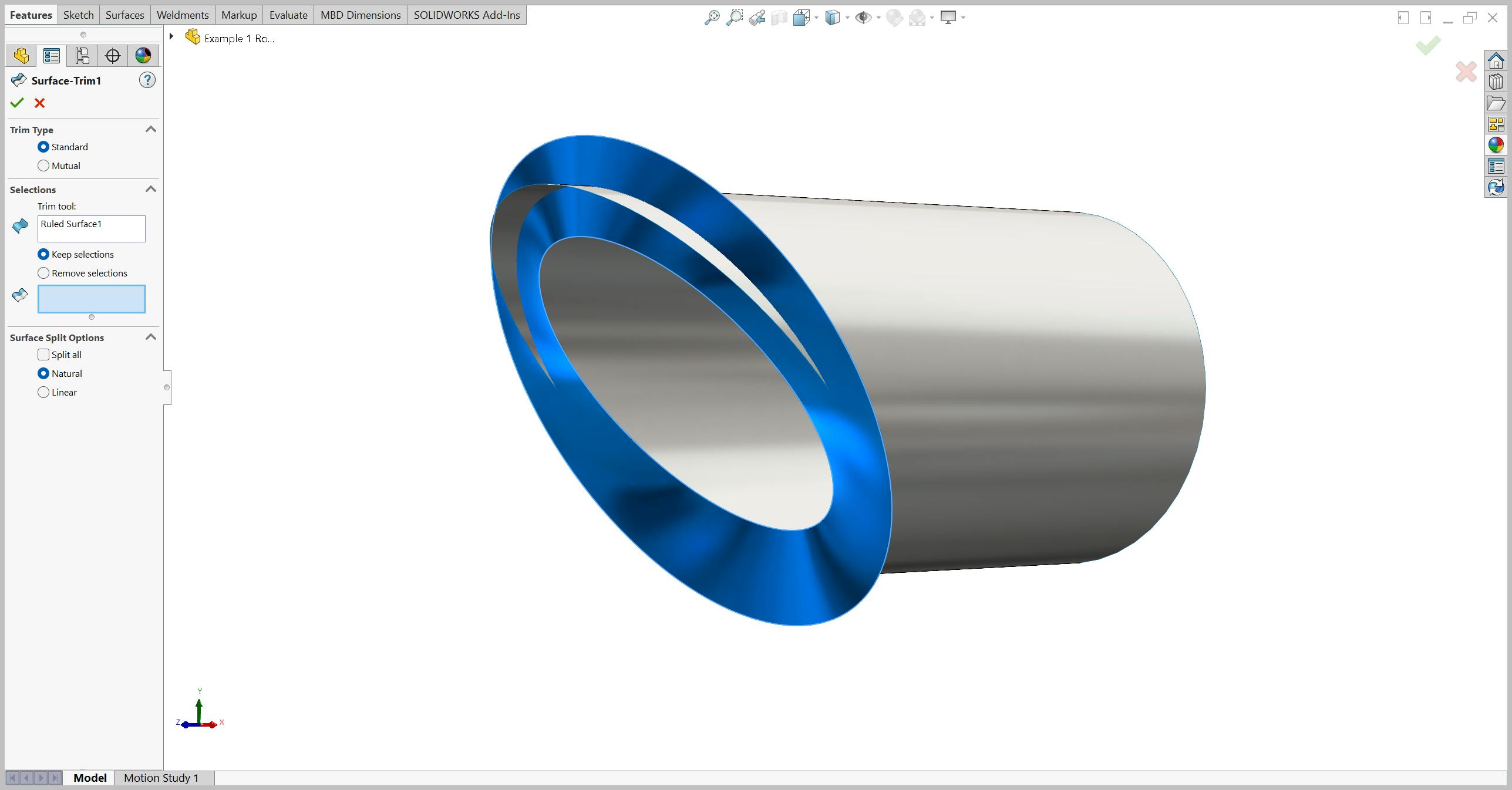 Trim tool selection in SolidWorks on a mitered round tube.