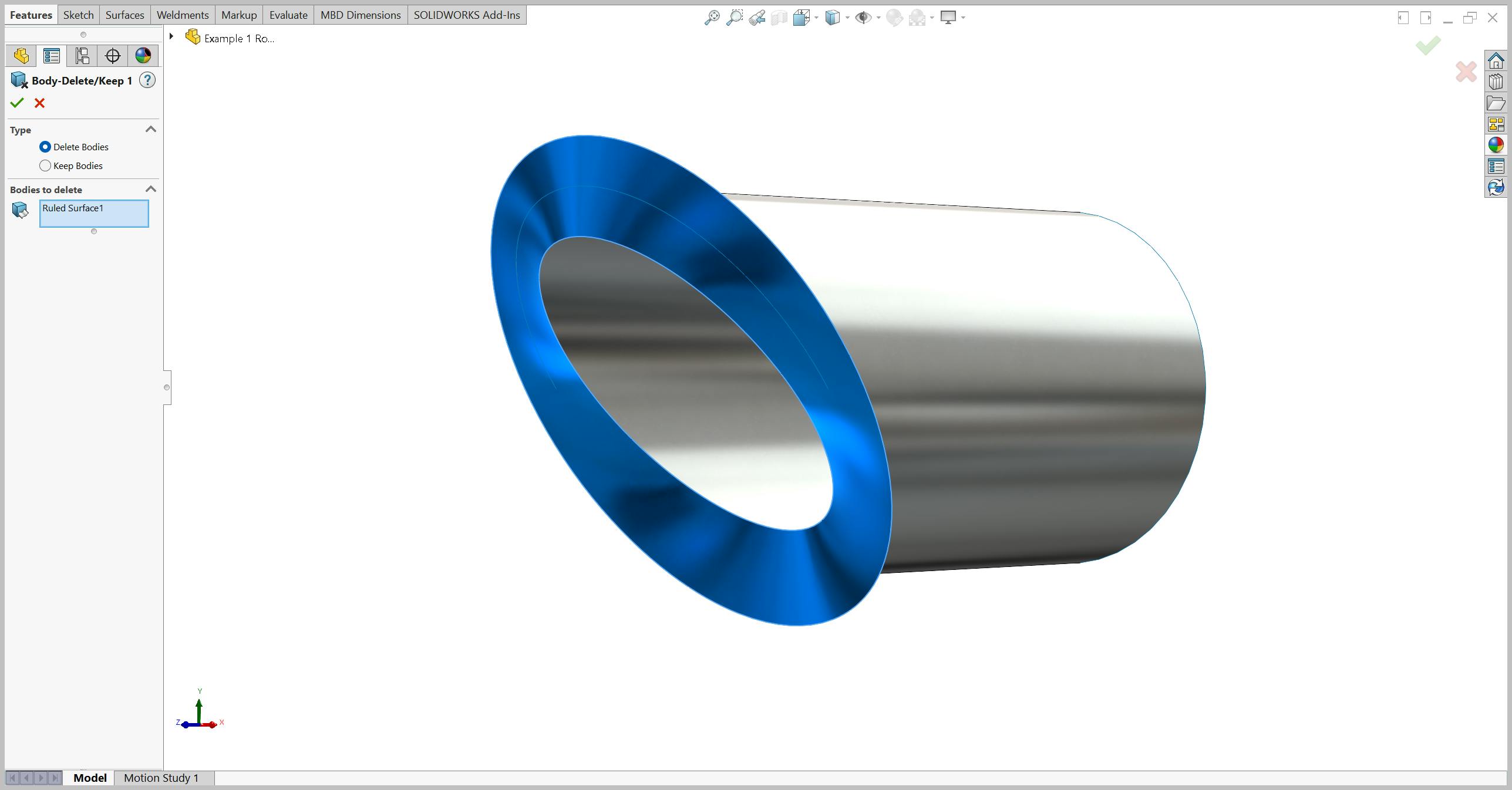 Delete keep bodies tool in SolidWorks on a mitered round tube.