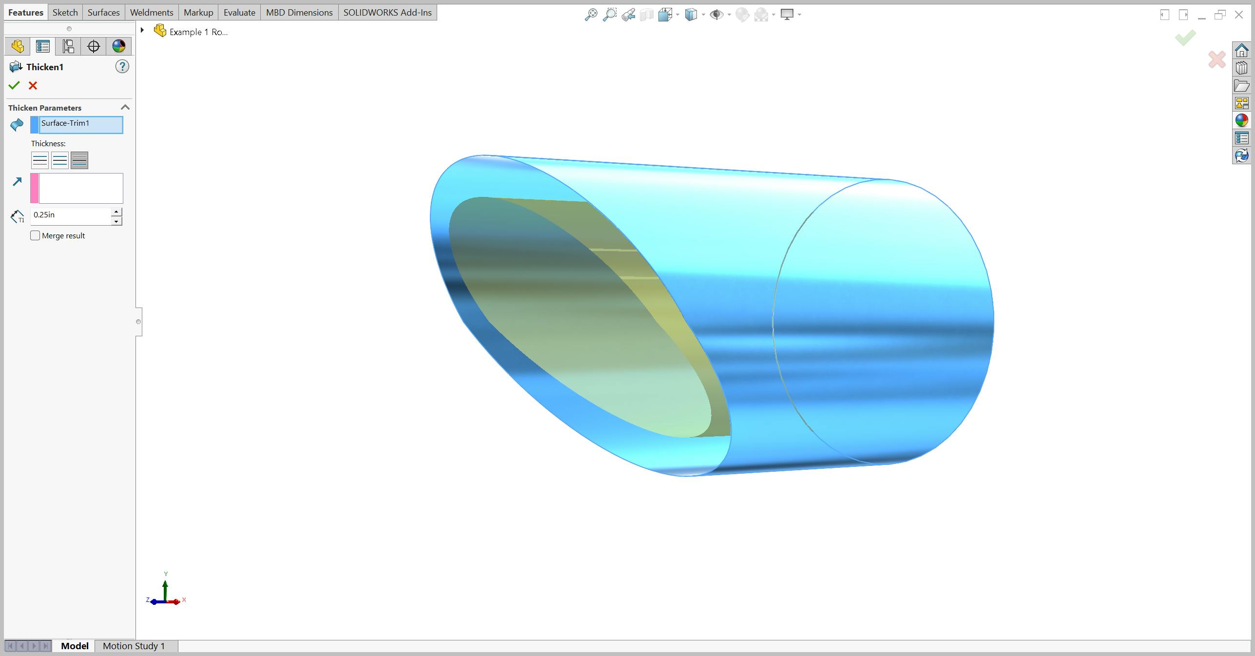 Thicken tool in SolidWorks on a mitered round tube.