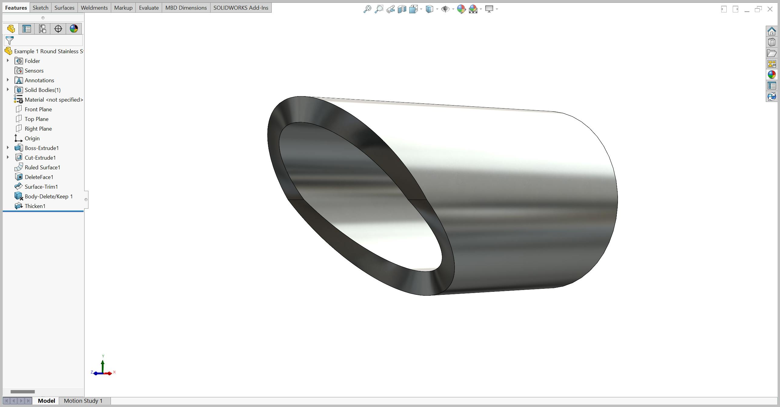 A normalized miter cut on round tube in SolidWorks